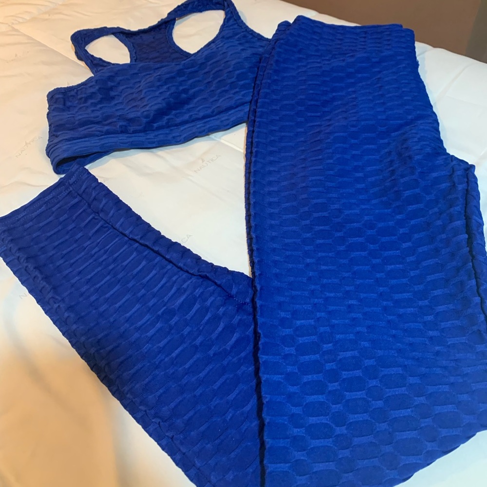 Women's Blue Textured Pants & Bra Set
